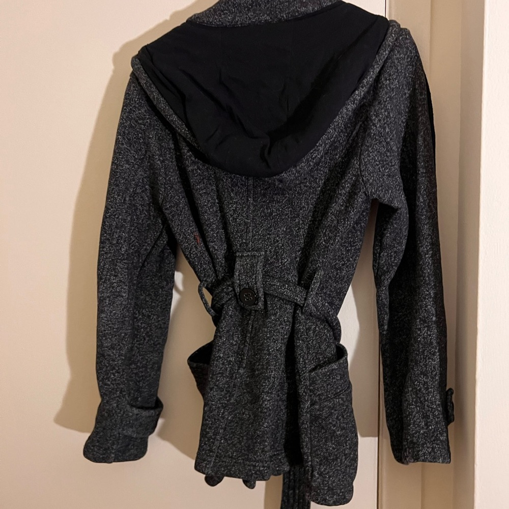 Dark grey shirt coat, with hood.
